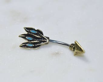 Tribal Arrow Belly Ring, 14g 3/8 inch 316L Stainless Surgical Steel Navel Curve, Ear Cartilage Rook, Gold Brass Bronze Body Piercing Jewelry