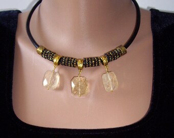 Citrine necklace Gift for wife Bib necklace Choker necklace Leather choker Slab necklace Mom gift Womens gift Gold and black Gift for her