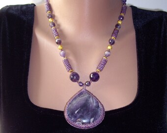 Amethyst necklace Purple necklace Wife gift Beaded necklace Gift for women Boho necklace Embroidered necklace For her gifts Gift for grandma