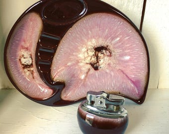 Vintage Ceramic Ashtray & Lighter Set Mod Abstract Kidney Bean Seashell Purple Earthy Working Wick Lighter