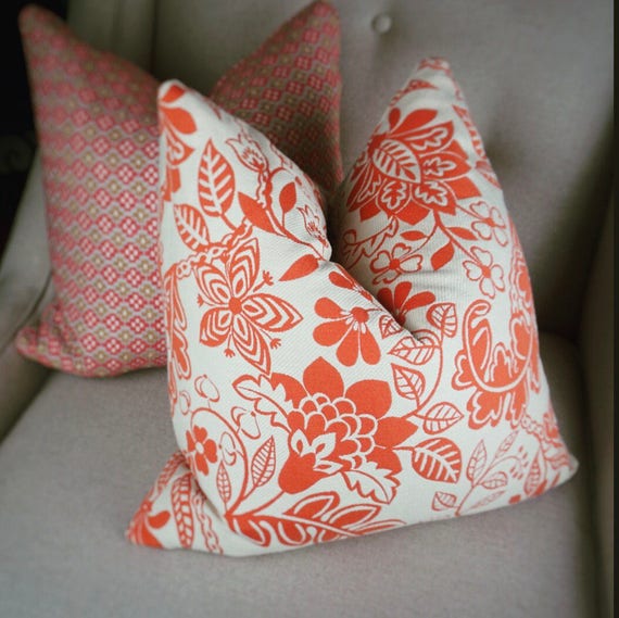 Coral and Beige Floral Decorative Pillow Cover Coral Floral