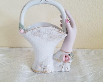 Vintage Lady Hand Basket Vase, Vintage Lady Hand Vase, Vintage Japan Hand Vase, Vintage Hand Painted Vase, 1960s Lady Hand Vase, 1960s Vase