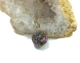 Titanium Rainbow Druzy Necklace- Druzy Quartz Stone Necklace- Small Crystal Pendant- Rainbow Quartz Necklace- Rainbow Crystal Necklace
