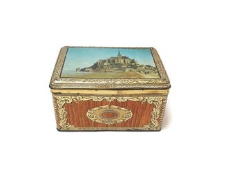Vintage metal cake box Mont Saint Michel, Normandy France