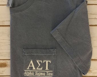 Sorority shirts, Big Little Shirts, Alpha Sigma Tau, Sorority T Shirt, Greek Letter shirt, Pocket T Shirt, Monogrammed Pocket T