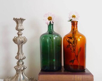 Set of 2 old apothecary bottles / Amber green glass/ Old glassware / Pharmacy bottle / Antique bottle collection / Container /