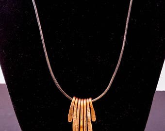 Small Hammered Copper Fringe Necklace Black Leather Cord