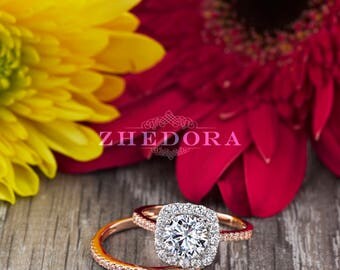 2.20 CT Round Halo Engagement Ring band Bridal Set Solid 14k or 18k Rose & White Gold, Unique Rose Gold Engagement Rings by Zhedora