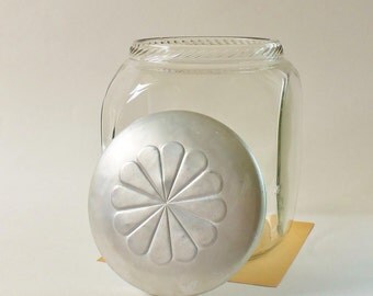 Vintage Mid Century Glass Canister or Cookie Jar with Aluminum Lid - Unique Molded 6 Inch Jar with Cool Snap On Lid - Ribbed Edged Closure