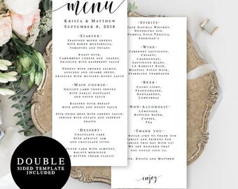 Wedding menu template double sided Editable menu card Wedding table decor Rustic wedding menu Country chic wedding Printable menu card #vm31