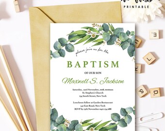 Leaves Baptism Invitation | Christening | 5x7 | Editable PDF | Instant Download | Personalize at home with Adobe Reader