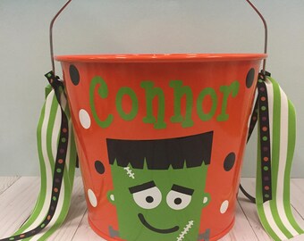 Halloween Bucket-Personalized halloween trick or treat metal bucket -5 quart pail - Frankenstein Bucket- candy pail- candy bag - birthday