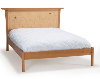 King Size Bed Frame, Wood, Queen, Headboard, Platform Bed, Handmade, Cherry, Curly Maple, Inlay, Bedroom