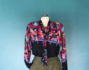 Vintage Floral Blouse. Necktie Blouse. Black Floral Blouse. Tribal Print Top. Folk Blouse. Floral Print Blouse. Tribal Print Blouse