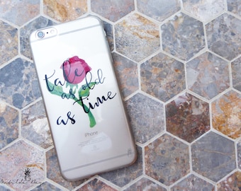 Beauty and the Beast Phone Case with Red Rose and Tale as Old as Time Quote for iPhone or Samsung, Hand Written Typography and Hand Painted