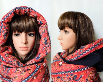 Boho fall scarf, Women reversible floral cowl, convertible infinity scarf loop, écharpe à capuche, bohemia clothing, boho winter clothing