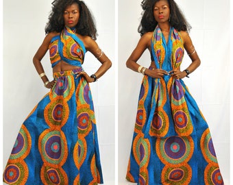 Ankara Wax African Print Maxi Skirt with Matching Head Wrap, Elastic waist Ankara Skirt, Ankara Maxi Skirt, African print Skirt - One Size