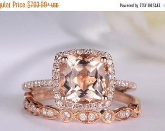 Rose Gold Engagement Ring Cushion Cut Morganite Ring Antique Diamond Wedding Band Women Halo Half Eternity Bridal Set Anniversary Unique