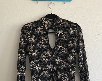 1980's Black and Gold Lace High Neck W/ Cut Out Long Sleeve Top