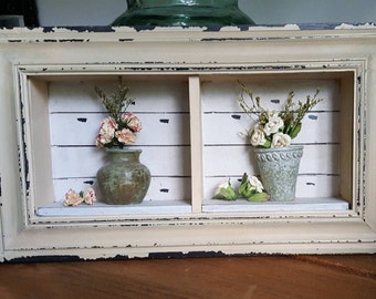 Rustic Hanging Shadow Box Mixed Media Art Deco Collage Miniature Shabby Chic Wall Decor Cottage