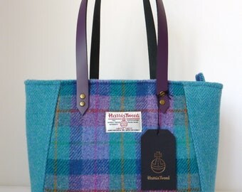 Turquoise and Lilac Check Harris Tweed - Handbag - Harris Tweed Bag - Tote with Leather Handles - Harris Tweed purse - ladies purse