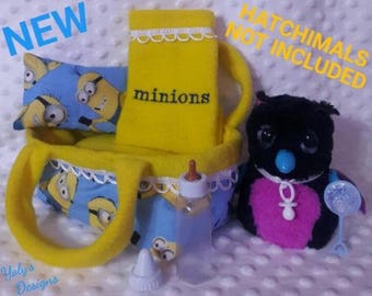 MINIONS 7 Pcs Set For Hatchimals Hatching Toy Egg Handmade Clothes Dress,Carryout Bed,Mattress,Pillow,Blanket,Baby Bottle,Rattle,Pacifier