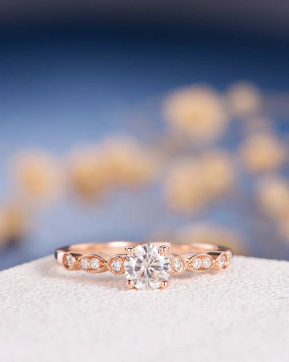Art Deco Moissanite Engagement Ring Rose Gold Antique Wedding