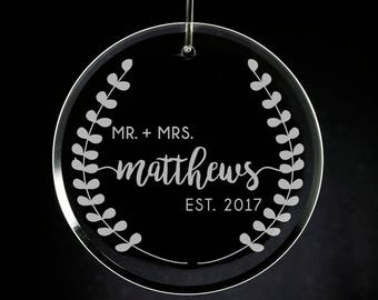 Wedding Christmas Ornament, Engraved Glass Ornament, Personalized Wedding Gift, Newlyweds, Mr and Mrs, Married 2017, Custom Glass Ornament