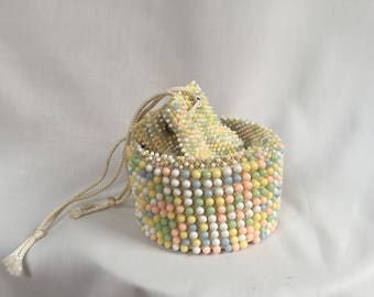 Vintage 1970s Pastel Beaded Drawstring Purse