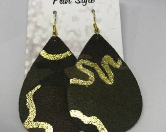 Camouflage and Gold Leather Teardrop Earrings