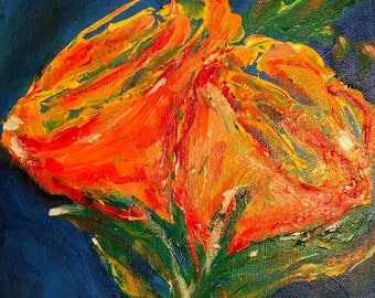 Bright tulips in full bloom, in vase, on blue: Original Acrylic