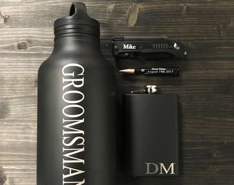 Personalized Groomsmen Gift Set, Groomsman Gift, Personalized Flask, Personalized Knife, Bullet bottle opener, Personalized Growler