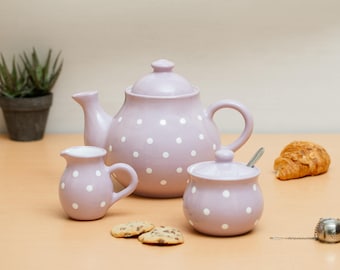City to Cottage Violet And White Polka Dot Handmade Hand Painted Ceramic Tea Set of 3