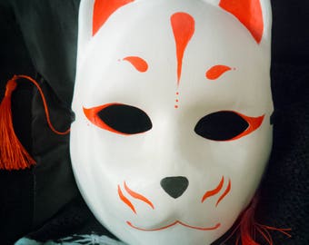 Full Face Hand-Painted Japanese Fox Mask Kitsune Cosplay