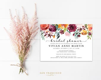 Fall Bridal Shower Invitation INSTANT DOWNLOAD | Editable Bridal Shower Invite Template | marsala, burgundy | Vivian Collection | PDF File