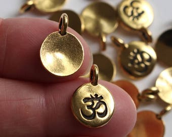Gold Om Charms, 2+ TierraCast Antiqued & Plated, Small Meditation Yoga Pendants, Lead Free Pewter, Eastern Religion Aum Mantra