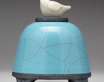 Ceramic Bird Jar, turquois blue,Art pottery,raku jar, Small Pet urn, handmade