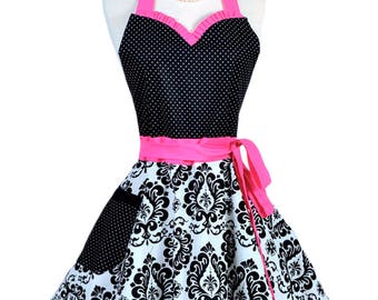 Sweetheart Pinup Womans Apron . Retro Hot Pink and Black Damask with Polka Dot Cute Flirty Sexy Vintage Style Hostess or Wedding Apron (CS)