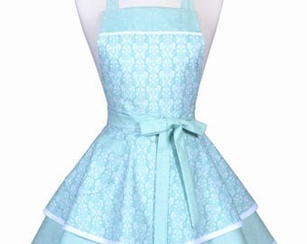 Womens Ruffled Retro Apron - Romantic Aqua Blue White Damask Womans Cute Flirty Pinup Bridal Wedding Apron to Personalize Monogram (DP)