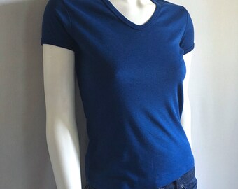 Vintage Women's 70's Navy Blue, V Neck, Top, Short Sleeve, Blouse (S)