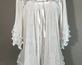 Vintage 70's White Gauze Angel Sleeve Boho Peasant Top Crochet Ruffled
