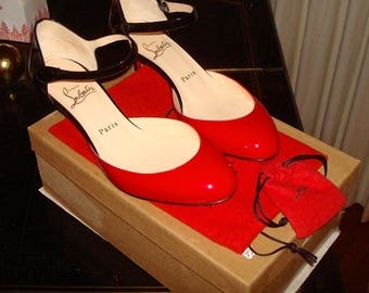 Christian Louboutin Kitten Heel Pumps Red Black Patent Leather 38 7 7.5
