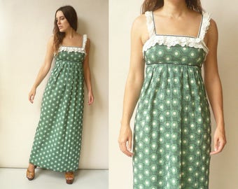 Vintage 90's Bohemian Cotton Embroidered Victoriana Maxi Dress Size XS