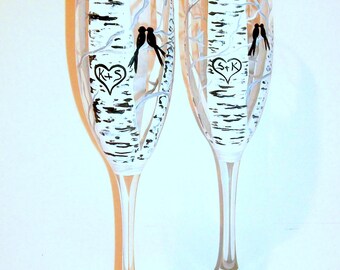 Birch Trees Hand Painted Champagne Flutes Set of 2- 6 oz Wedding Glasses Anniversary Love Birds Heart & Initials Wedding Gift for the Couple