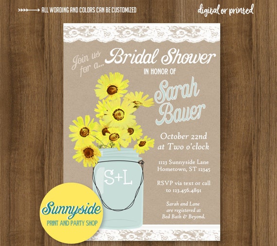 Mason jar invitation with yellow daisies / black eyed susans, bridal shower invitation, wedding shower invite, country rustic burlap kraft Il_570xn