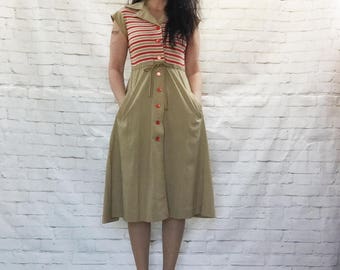 Iconic Vintage 70s Striped Safari Midi Dress S M Belted Pockets Cap Sleeves Red Khaki Stranger Things