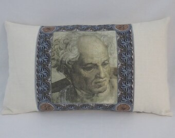 Renaissance Man Pillow, 13 x 22" Linen, Oblong Lumbar Rectangle, Cream with Ochre Sepia Blue Terracotta, Classic Old Master Art Throw (B)