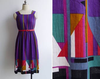 Vintage 80's Abstract Sailboat Crinkled Day Dress XXS or XS