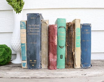 Set of 8 Vintage Books -Antique Book Decor -Photo Props -Wedding Decor- Brown, Navy, Green, Maroon, Mint- Rustic Books - French Country -Old
