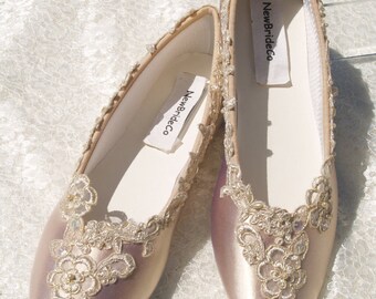 Champagne Wedding Flats Bridal Shoe elegantly gold trimmed, Champagne Bridal Flat Shoes, satin ballet style slipper, regal, romantic